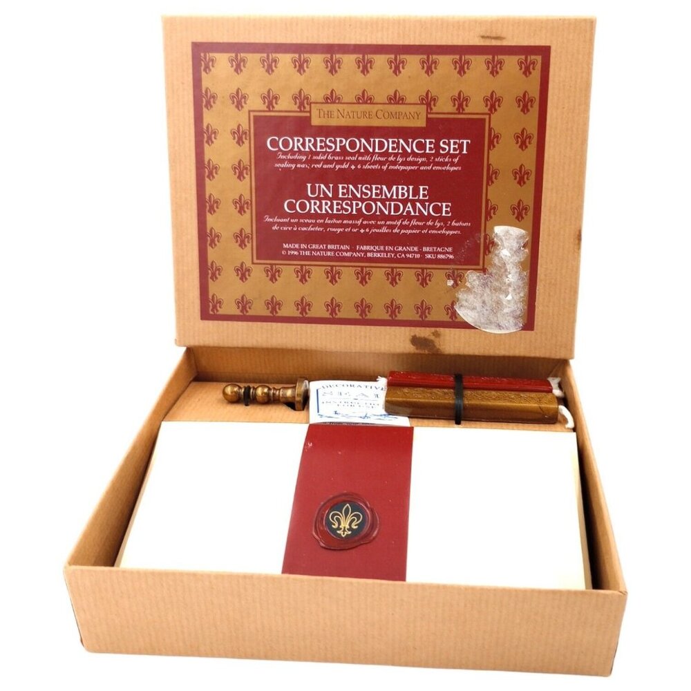 Correspondence Set 1996 Brass Seal Kit Wax Sticks Envelopes Nature Company Vtg